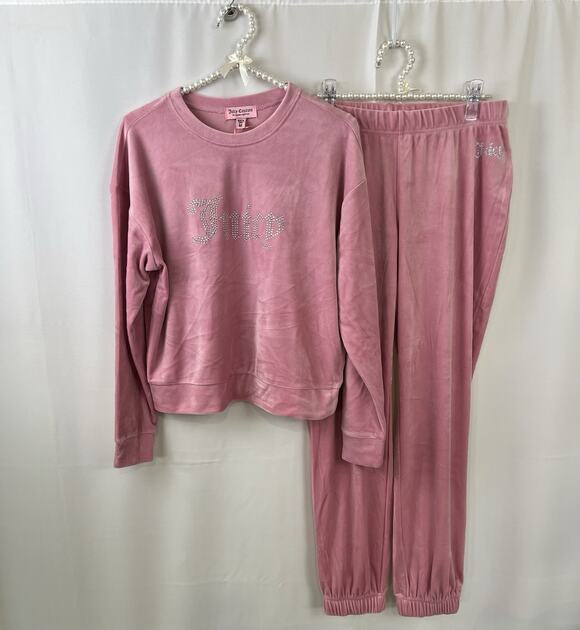 Juicy Couture Pants - JUICY COUTURE 2 Pc Jogging Track Set Medium Top Pants Velour Rose Pink Bling NWT